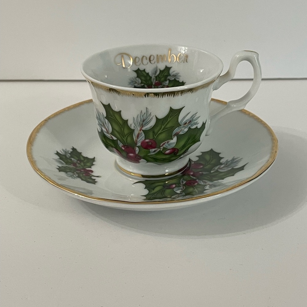Adeline Small Demi Tasse Tea Cup and Saucer Month of December Holly Berry